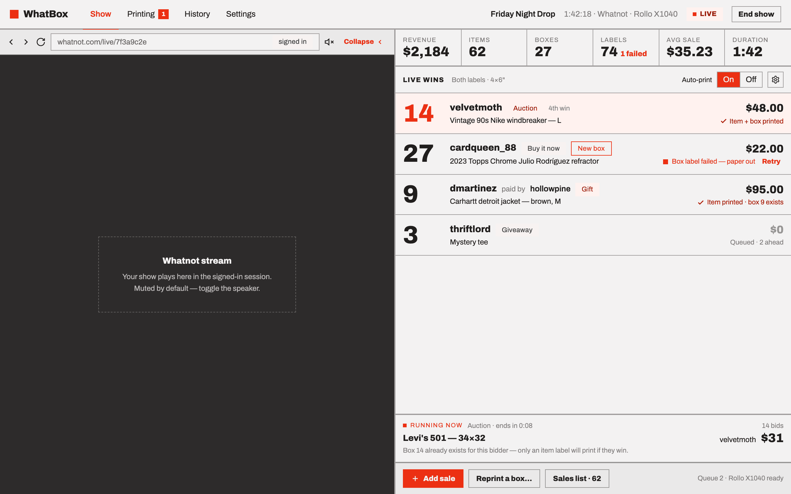 The WhatBox Show tab during a live sale: the Whatnot stream on the left, and on the right a stats strip reading $2,184 revenue, 62 items, 27 boxes, and a list of live wins each showing its box number, buyer, item and print status.