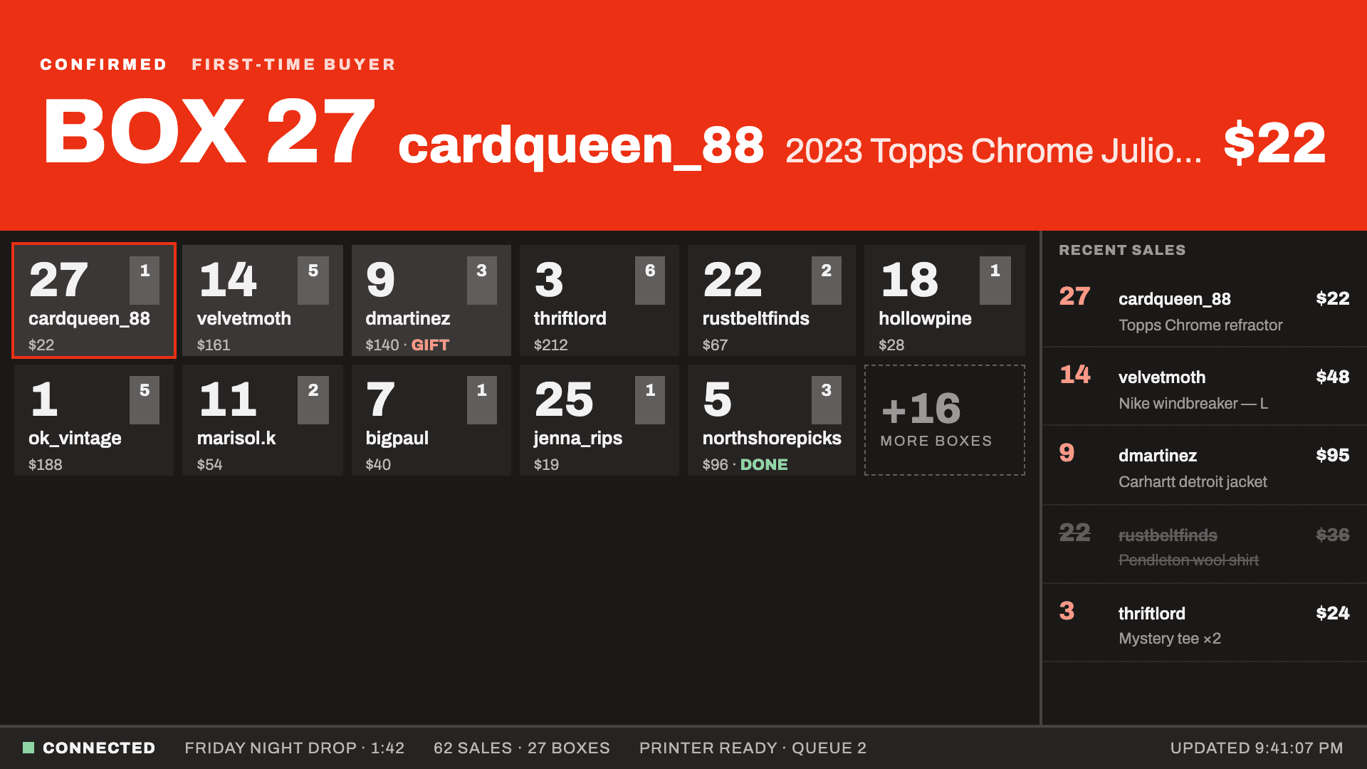 The TV dashboard: a large red banner announcing CONFIRMED, BOX 27, the buyer's name, item and price, above a grid of buyer cards showing each box number and running total.